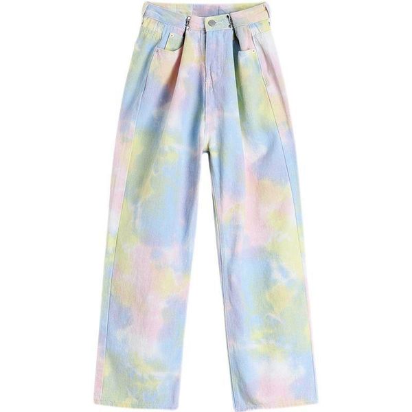 

women's jeans women 2021 spring autumn tie-dye rainbow color casual wide-legged high-waist loose straight-leg cowboy trousers, Blue