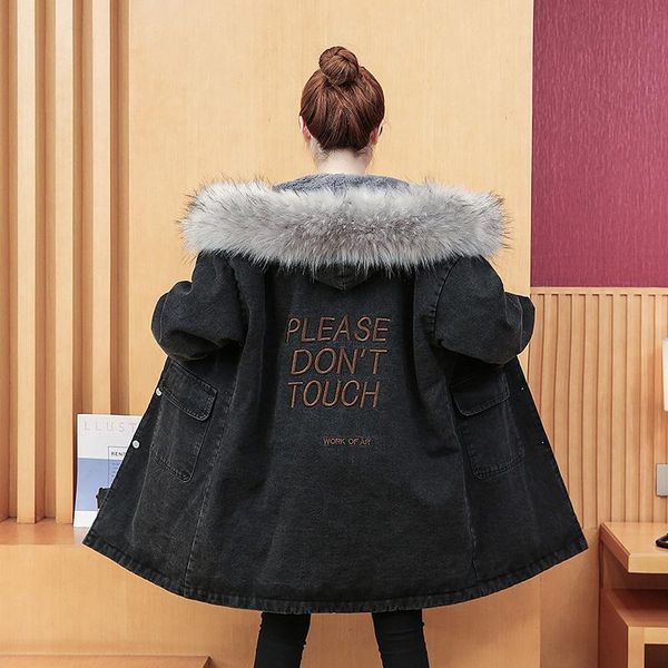 

winter women's plus velvet jeans jackets fashion casual young letter print hooded fur collar warm thick denim coats, Black;brown