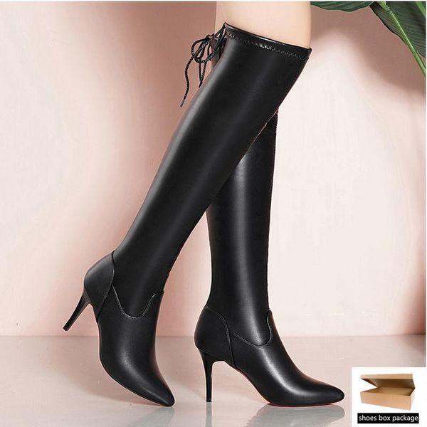 

boots pointed high-heeled women's over the knee autumn winter soft leather stiletto thin elastic, Black