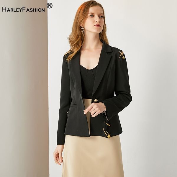 

harleyfashion high street stylish women blazer single button mesh patchwork pin slim quality black blazers 210330, White;black