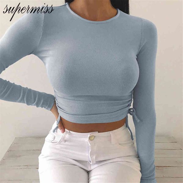 

o-neck long sleeve bodycon cropped autumn 2020 women irregular drawstring bandage knitted solid t-shirt y0508, White
