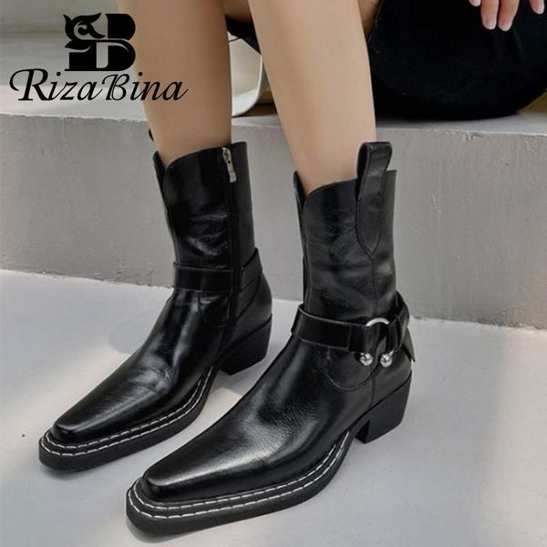 

boots rizabina size 33-42 genuine leather women shoes ankle thick heels metal decoration western boot winter ladies footwear, Black