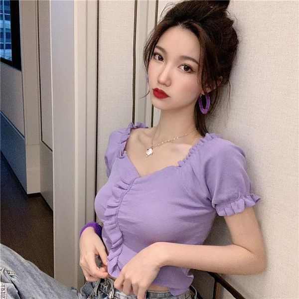 

women's t-shirt woman tshirts ruffled short sleeves pleated pullover knitting summer crop mujer camisetas, White