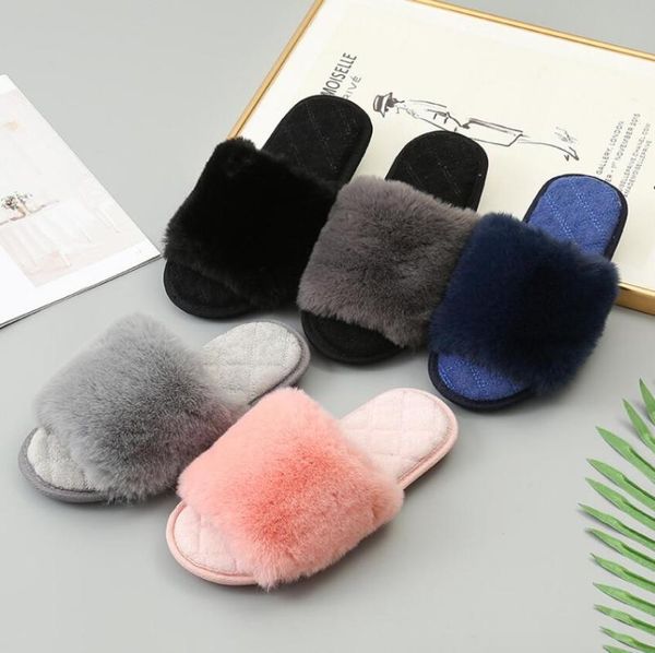 

slippers winter women female solid faux fur open toe warm plush flat house slipper lady comfortable fashion indoor women's shoes, Black