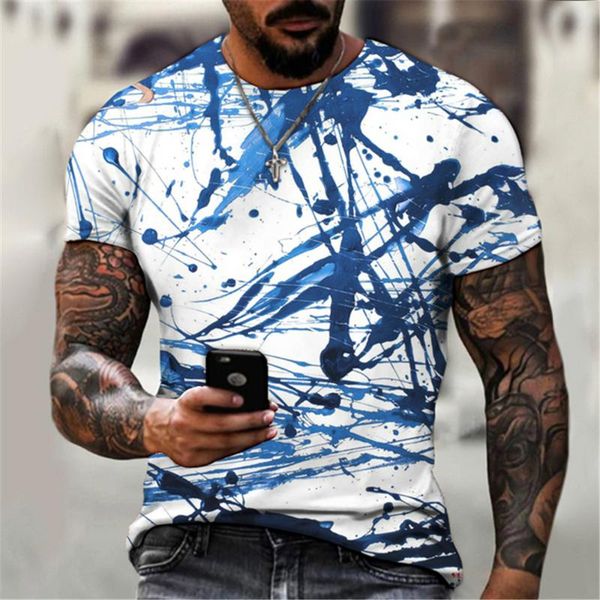 

men's t-shirts 2021 summer 3d printing blue ink painting fashion casual street style short sleeve o-neck t-shirt, White;black