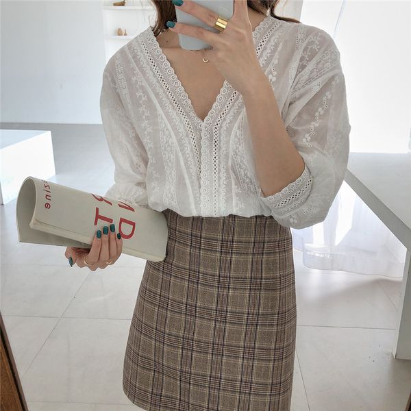 

blouses white hollow out lace loose casual elegance sweet chic all-match v-neck fresh shirts feminine women blouses