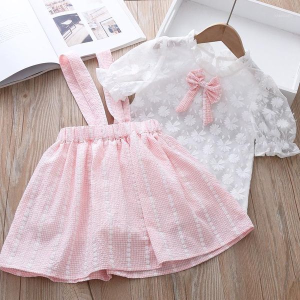

toddler girls clothing set summer lace boutique outfits kids teenage girl ruffle shirts strappy pleated skirt korean clothes sets, White