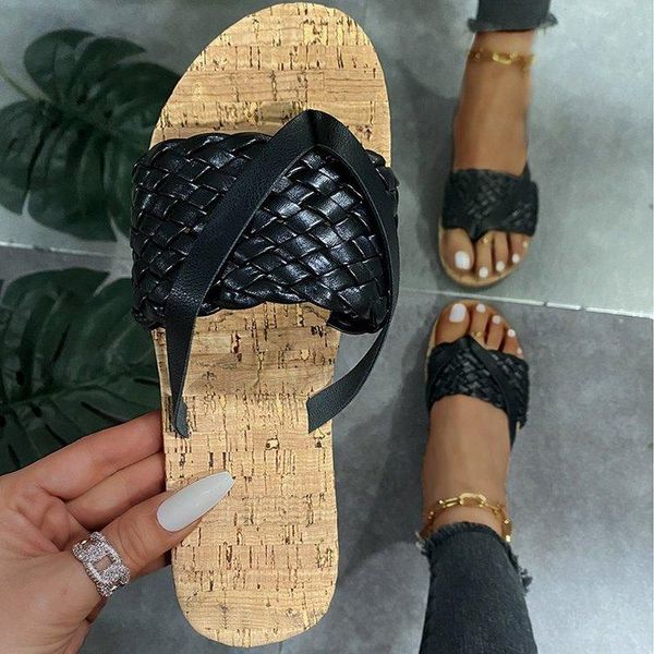 

slippers flat shoes female peep toe woman's big size slides beige heeled sandals low 2021 soft black fretwork rome scandals fabr