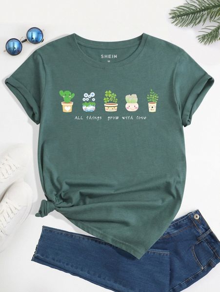 

slogan & plant print tee c92c#, White