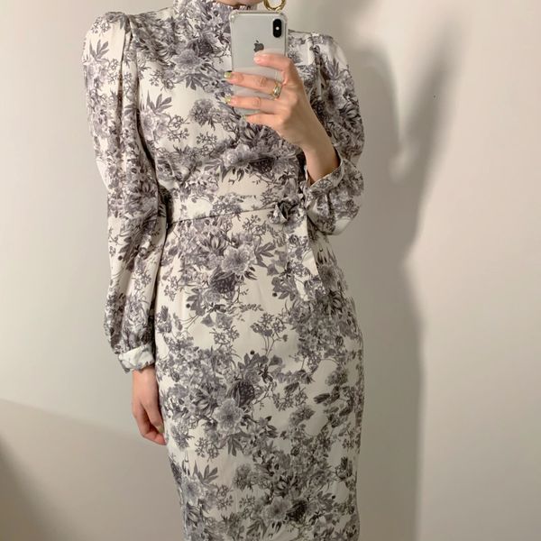 

casual dresses korean version chic elegant stand collar frenulum slim broken flower long dress 2021 spring and autumn new wq11, Black;gray