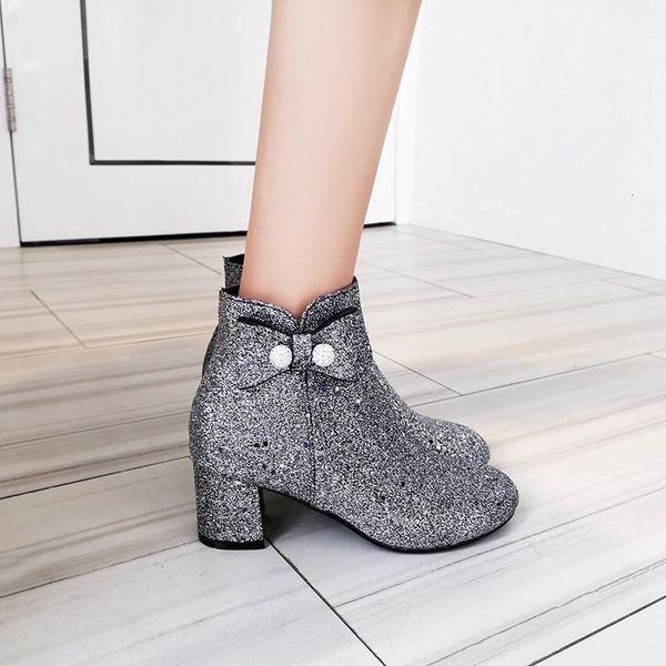 

boots ymechic retro bling glitter square high heel women blue silver bowtie crystal ball fashion ankle boot party shoes winter ugcy, Black