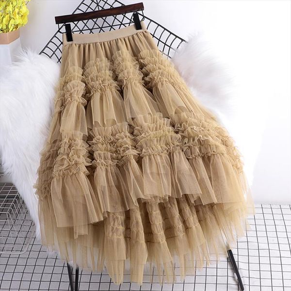 

fashion ruffles irregular hem womens skirts mesh stitching a line ball grown cake tie tulle, Black