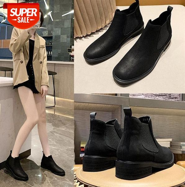 

women's thick-heeled short boots black flat-heeled and nude #kn89