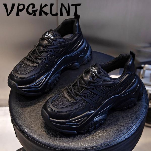 

dress shoes autumn sports thick-soled increased running women's casual leather old, Black