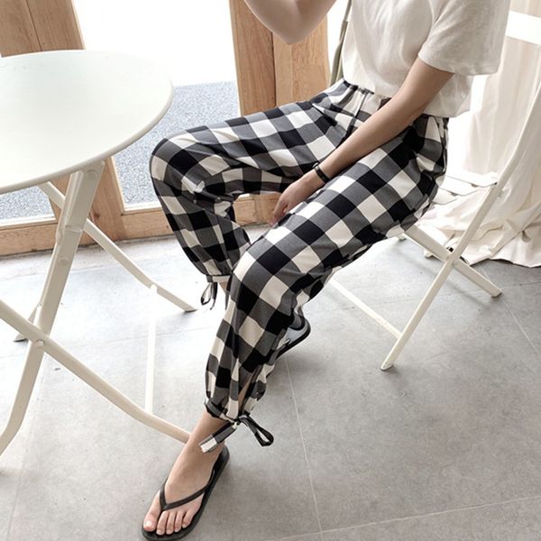 

chiffon dot plaid women's lantern cropped pants lace up bow elastic waist female pant spring summer fashion ladies trousers 210518, Black;white