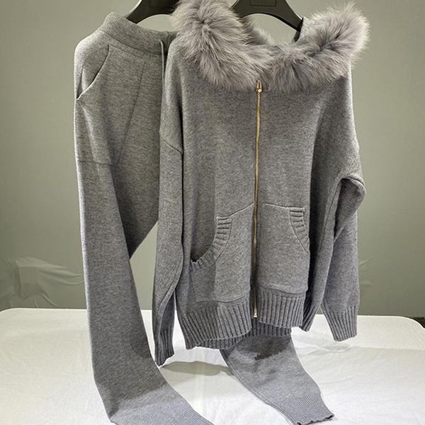 

women's two piece pants 2021 autumn winter long sleeve zipper cardigans 2 set women faux fur hooded sweater coat knitted trousers suit, White
