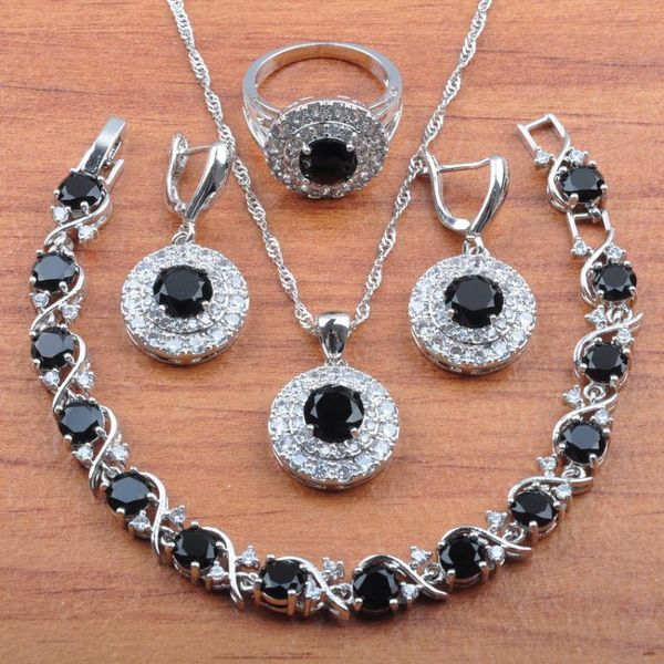 

earrings & necklace + quality black zirconia jewelry sets for women bridal crystal pendant ring bracelets js0270, Silver
