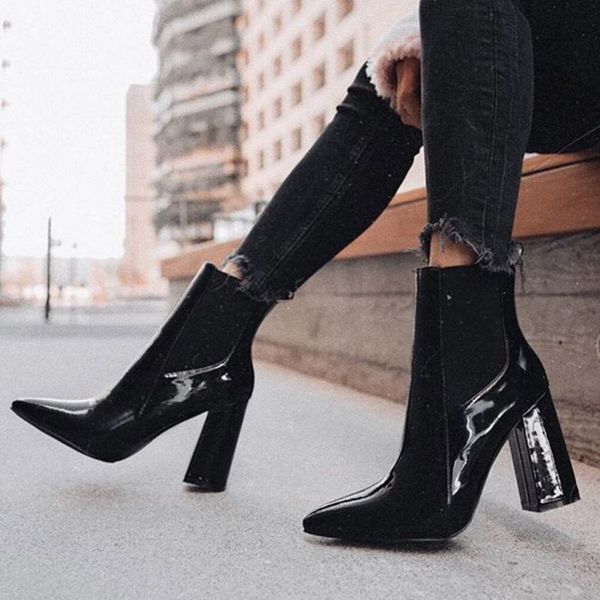 

boots thick high heels women ankle square toe zip footwear pu patent leather female boot shoes woman black rtg5