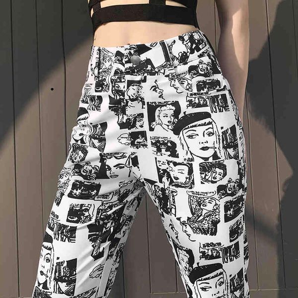 Frauen Hosen Anime Gesicht Harajuku Ästhetische Hipster Hohe Taille Vintage 90er Jahre Herbst Streetwear Egirl Mode Hosen Outfits Chic 210518