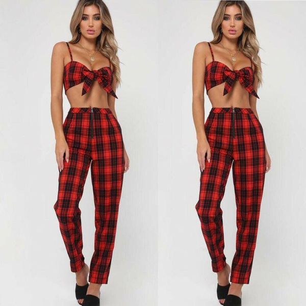 

fashion brand women tartan plaid high waist trousers ladies checked slim fit long pencil pants women's & capris, Black;white