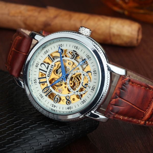 

new goer fully automatic mechanical watch with hollow out men's on the back, Slivery;brown