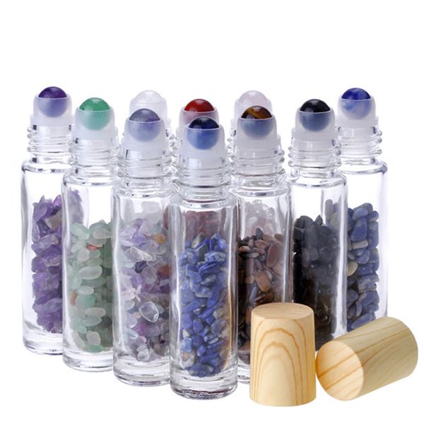 Rolagem de vidro transparente de 10 ml em garrafas de perfume com cristais de cristal natural triturados Cristais de pedra Bola Bola de madeira Tampa