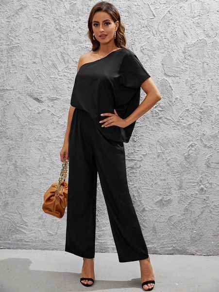 

one shoulder dolman sleeve wide leg jumpsuit s48n#, White
