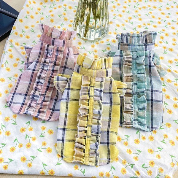

dog teddy is thinner than bear summer pet cat clothing ear edge plaid shirt