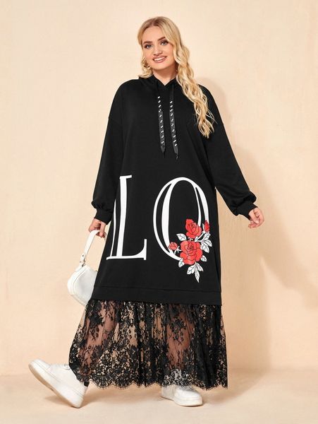

plus letter & floral print contrast lace sweatshirt dress s5cf#, Black