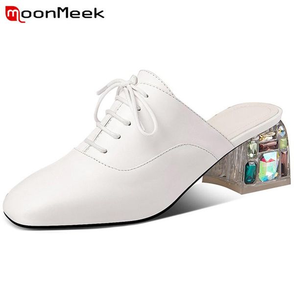 

dress shoes moonmeek 2021 genuine leather women pumps square toe summer crystal heels fashion ladies mules big size, Black