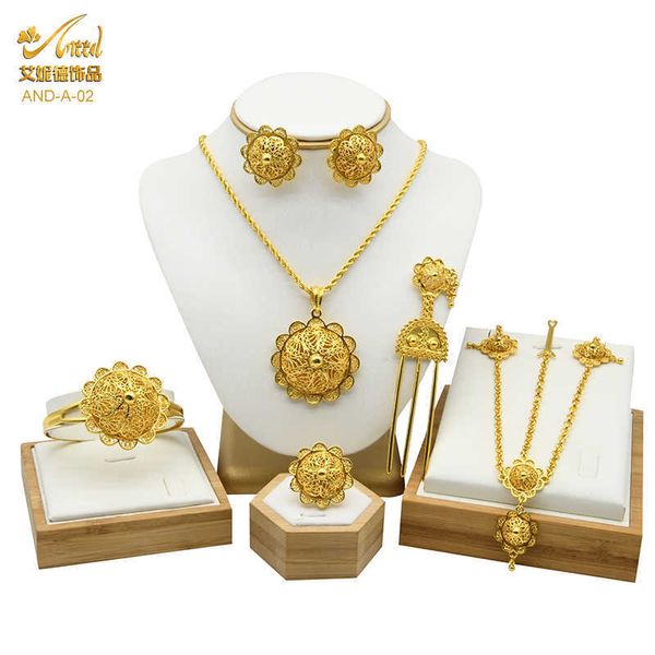 Conjuntos de jóias etíopes para mulheres ouro Dubai Africano Nigeriano Colar de Colar Braceletes Brincos Anel Headwear 6 Pcs Set H1022