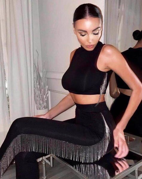 

women autumn sleeveless black tassel crystal sparkly two piece bandage set 2021 celebrity designer fashion women's pants, White