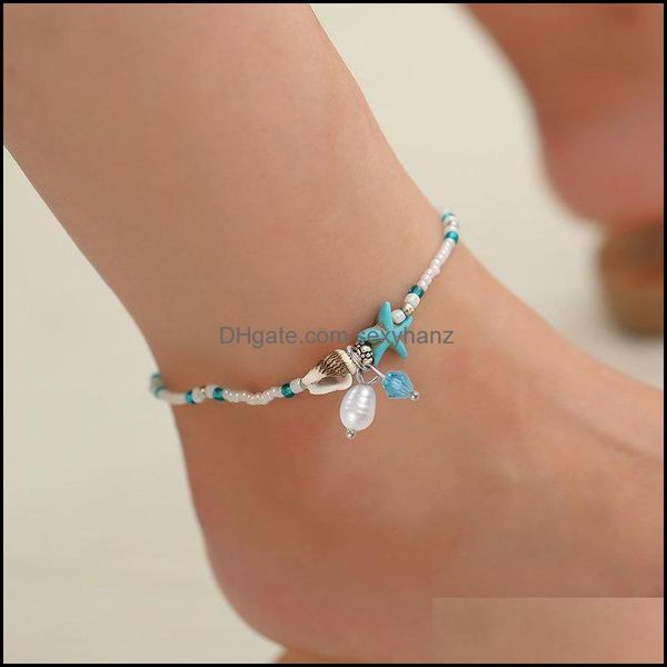 

anklets jewelry bohemian women starfish conch ethnic style beach pearl foot chains european vacation handmade crystal beaded anklet drop del, Red;blue