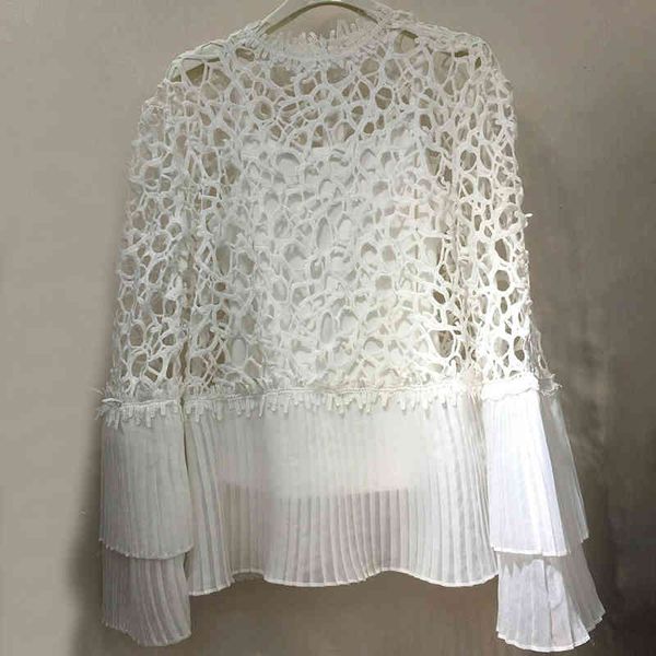 

white and black patchwork hollow out women blouses shirts o neck flare long sleeve loose pleated for female fashion clothing