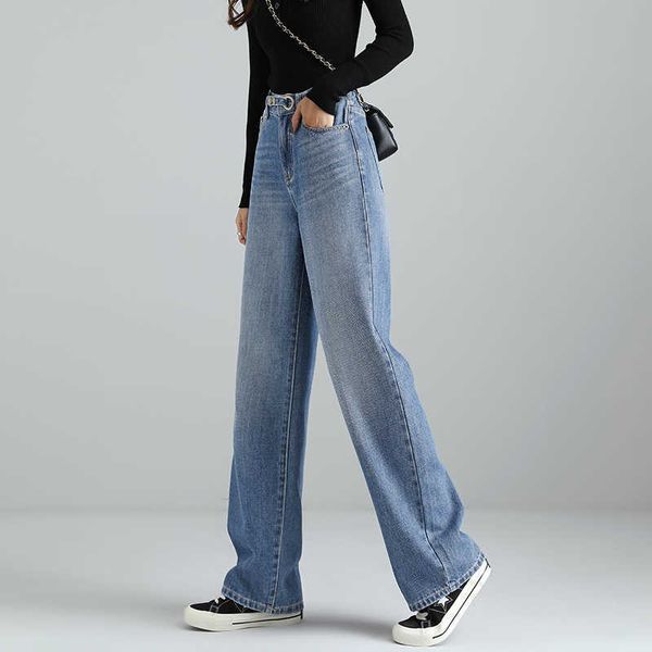 

wide leg denim pants women's 2021 spring korean high waist loose thin dark be, Blue