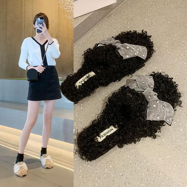 

slippers flock casual shoes winter footwear butterfly-knot fur flip flops slipers women slides cover toe luxury plush 2021 flat, Black