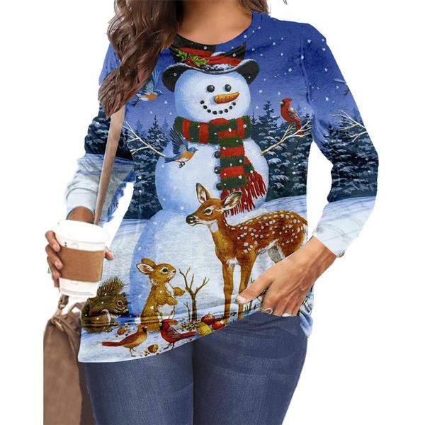 

plus size t-shirt 5xl 6xl ladies casual long sleeve women autumn clothes 2021 christmas snowman elk printed pullovers, Black