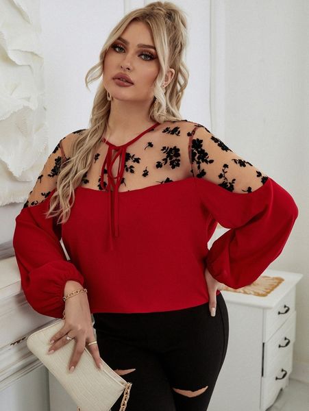 

plus tie neck contrast floral mesh lantern sleeve blouse e8mu#, Black