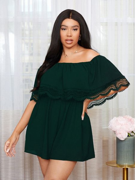 

plus solid lace trim bardot romper 50il#, Black