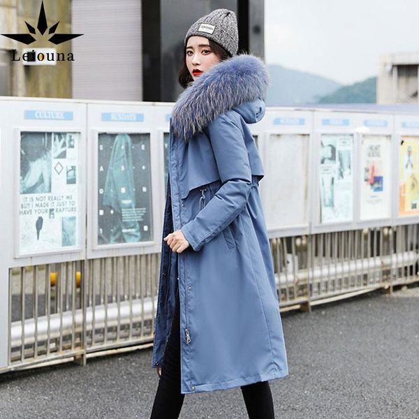 

leiouna thick down padded women blue big hair collar warm office lady winter outerwear plus size loose korean long parka coat women's &, Black