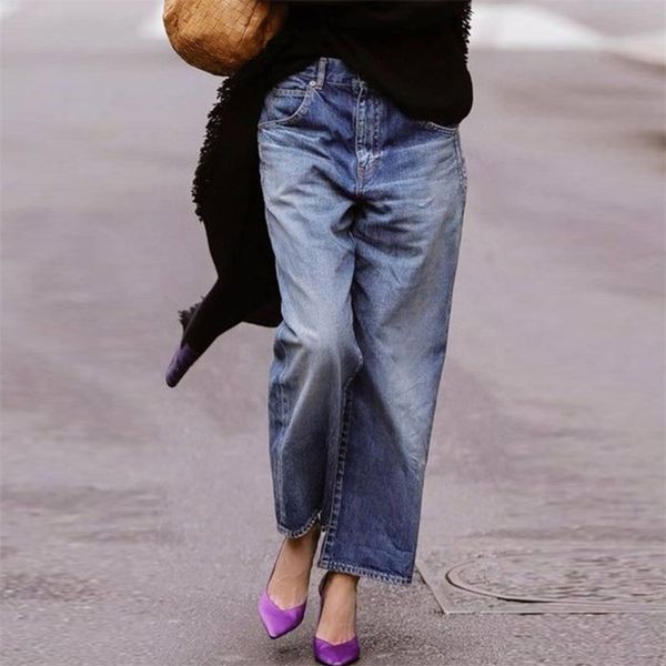 

mid-waist jean's retro denim wide-leg pants fashion loose street trousers casual washed mother's autumn 220310, Blue