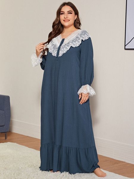 

plus contrast embroidered mesh ruffle hem nightdress p63a#, Black;white