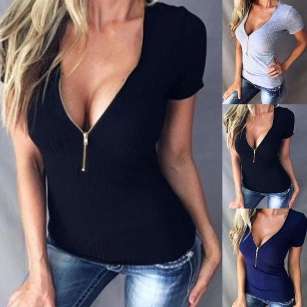 

summer women solid color short sleeve deep v neck zipper pullover slim t-shirt elastic sleevewomen casual t-shirt2021 women's, White