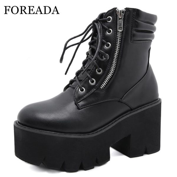 

boots foreada woman shoes autumn platform thick heel ankle high round toe zipper ladies footwear short punk 43 black