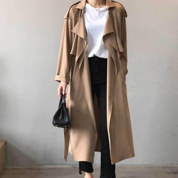

women's trench coats classic lapel womens clothes autumn retro coat with belt casual large mid-long black khaki daily commute windbreak, Tan;black