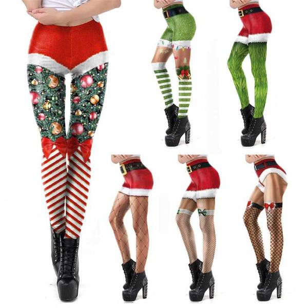 VIP FASHION Weihnachten Gürtel Leggings Geschenk Herbst Winter Festival Legging Plus Größe Frauen 3D Streifen Sexy Hohe Taille Dünne Leggins 211215