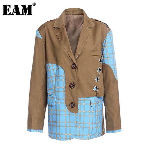 

women's suits & blazers [eam] women khaki plaid stitch big size blazer lapel long sleeve loose fit jacket fashion tide spring autumn 20, White;black