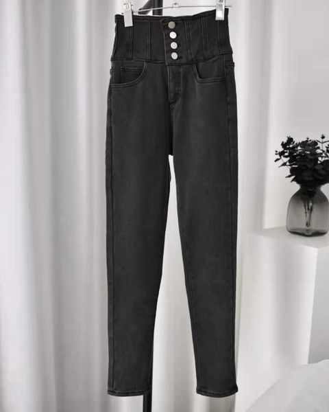 

autumn and winter women's high-waist four-button plus fleece jeans, Blue
