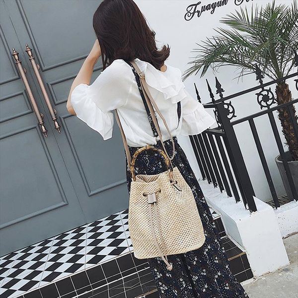 

ljl new drawstring womens bucket summer woven shoulder s shopping purse beach handbag straw handbags travel bag