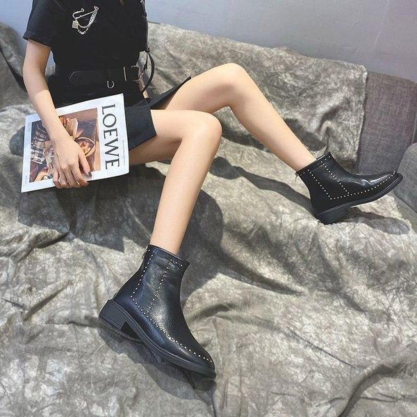 

dress shoes 2021 autumn square head rivet small ankle boot female black motorcycle versatile x501